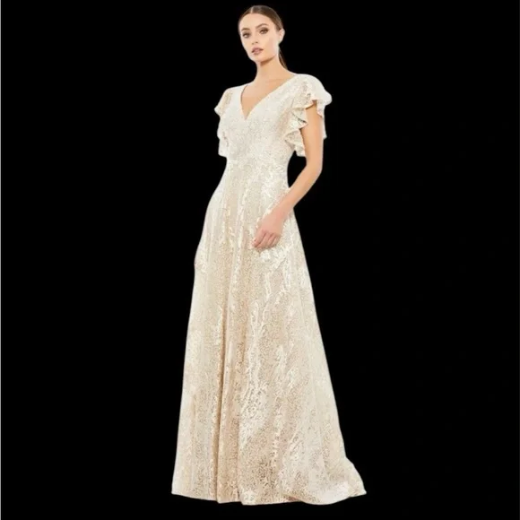 Mac Duggal Size 16 Ivory Nude Embellished Flutter Sleeve Lace A-Line Gown $798 - Picture 1 of 8